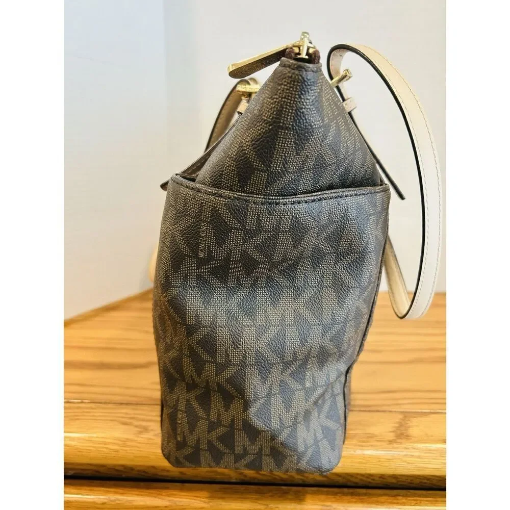 Michael Kors Jet Set Brown MK Logo Signature Tan Coated Canvas Trip Tote Bag